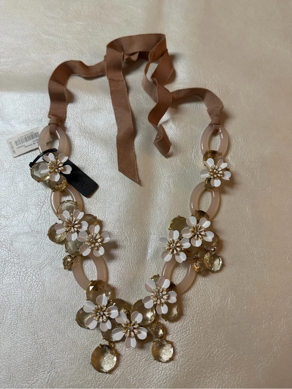 J. Crew White and Gold Floral Ribbon Necklace
